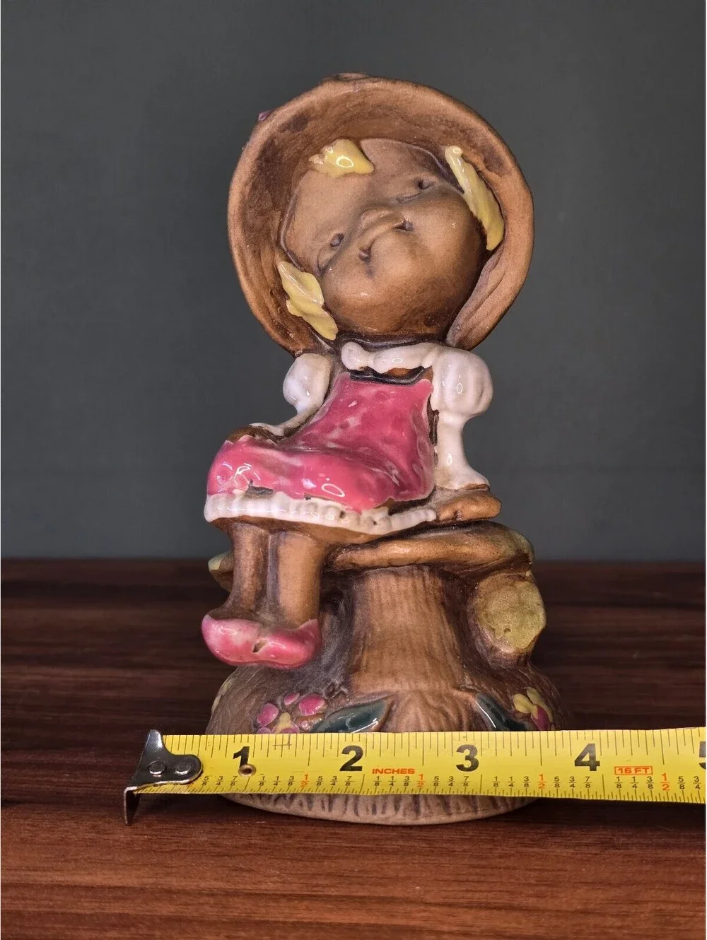 Vintage Ceramic Girl Figurine Sitting on Mushroom Country Decor
